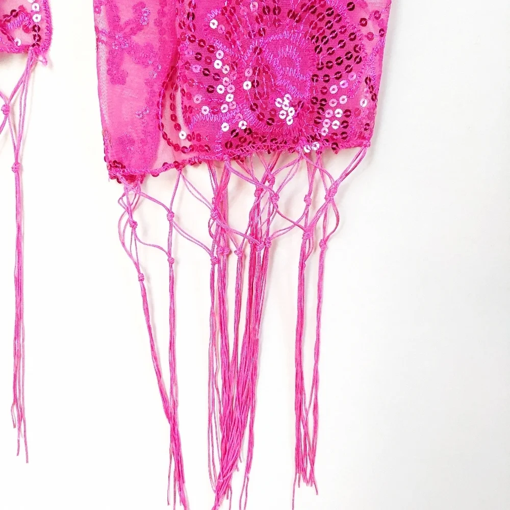 Womens Pink Mesh Sequin Metallic Party Prom Wedding Shawl Scarf With Fringe